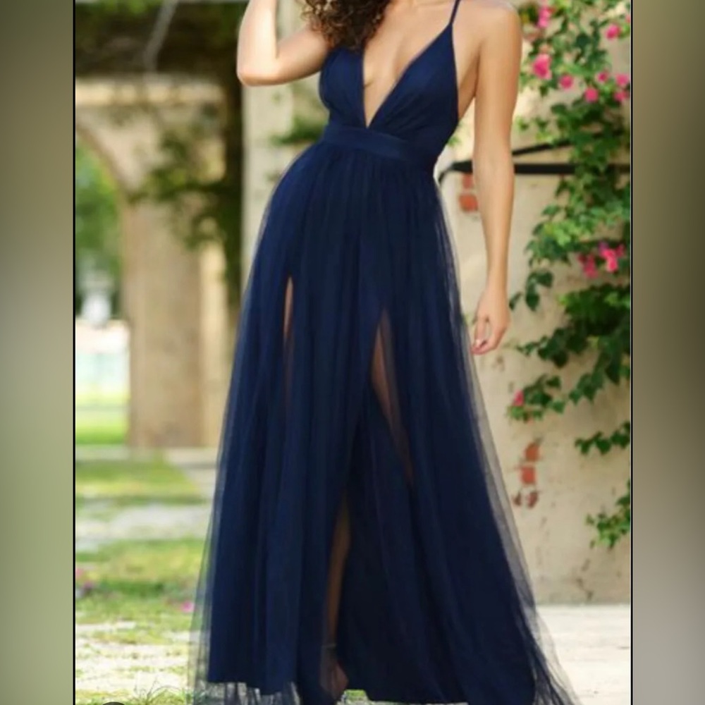 Luxxel Navy Blue Low-V-Neck Long Prom Dress with Double Slits